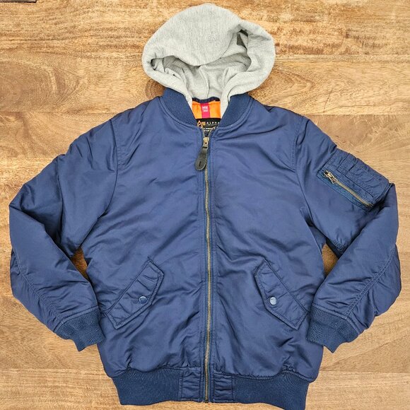 Alpha Industries Jacket Blue Youth Large 14/16 Bomber Hoodie Nylon Orange Lining - Picture 1 of 7